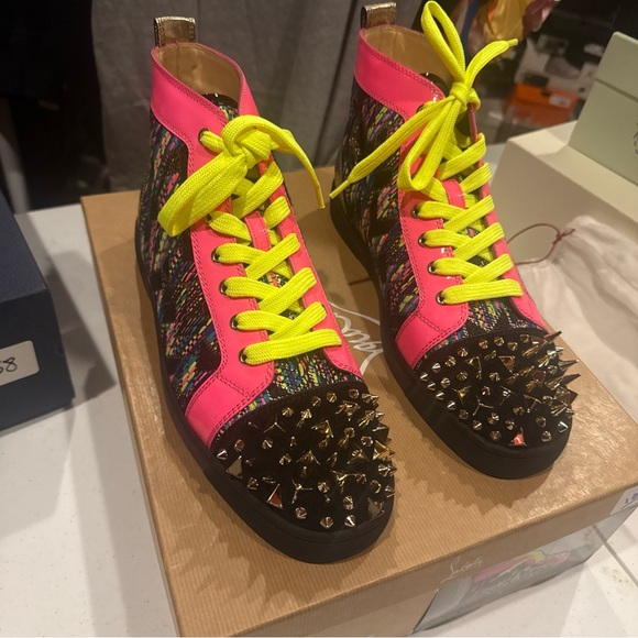 Christian Louboutin Neon Pink and Black Spiked Sneakers - Picture 2 of 6